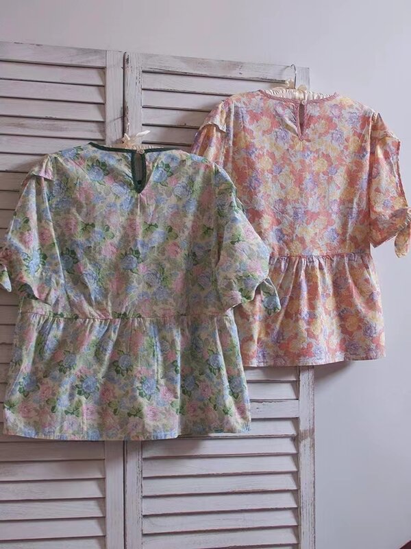 Stilvolle Damen bluse Trend Bogen Kurzarm grün Blumen gekräuselte französische Hemden Vintage Baumwolle Ärmel Damen T-Shirt