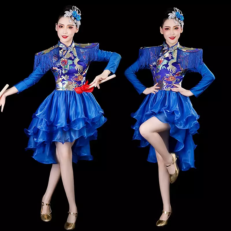 ダンス用の中国スタイルのダンスコスチューム、ウォータードラムウエストドラム、エスニック開口部のチュチュ