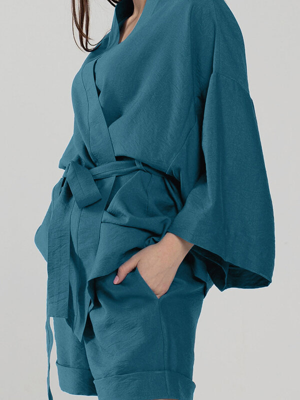 Marthaqiqi 여성용 섹시한 V넥 잠옷, 레이스업 잠옷, 긴 소매 잠옷, 반바지, 여성 잠옷, 2 피스 세트