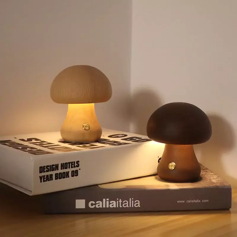 INS LED Night Light With Touch Switch Wooden Cute Mushroom Bedside Table Lamp For Bedroom Childrens Room Sleeping Night Lamps