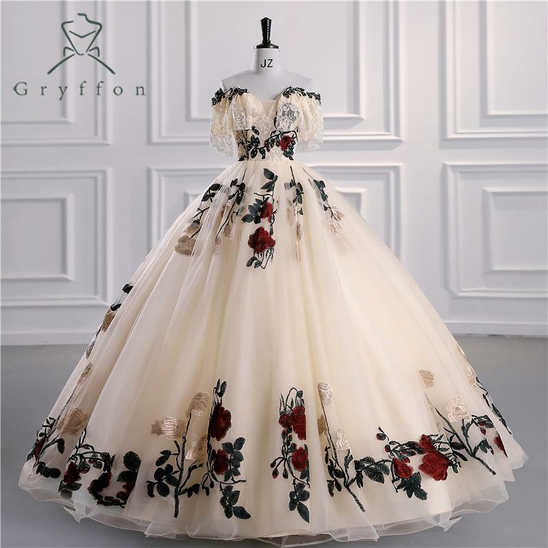 New Champagne Quinceanera Dresses Luxury Lace Party Dress Off The Shoulder Prom Ball Gown Plus Size Quinceanera Gown