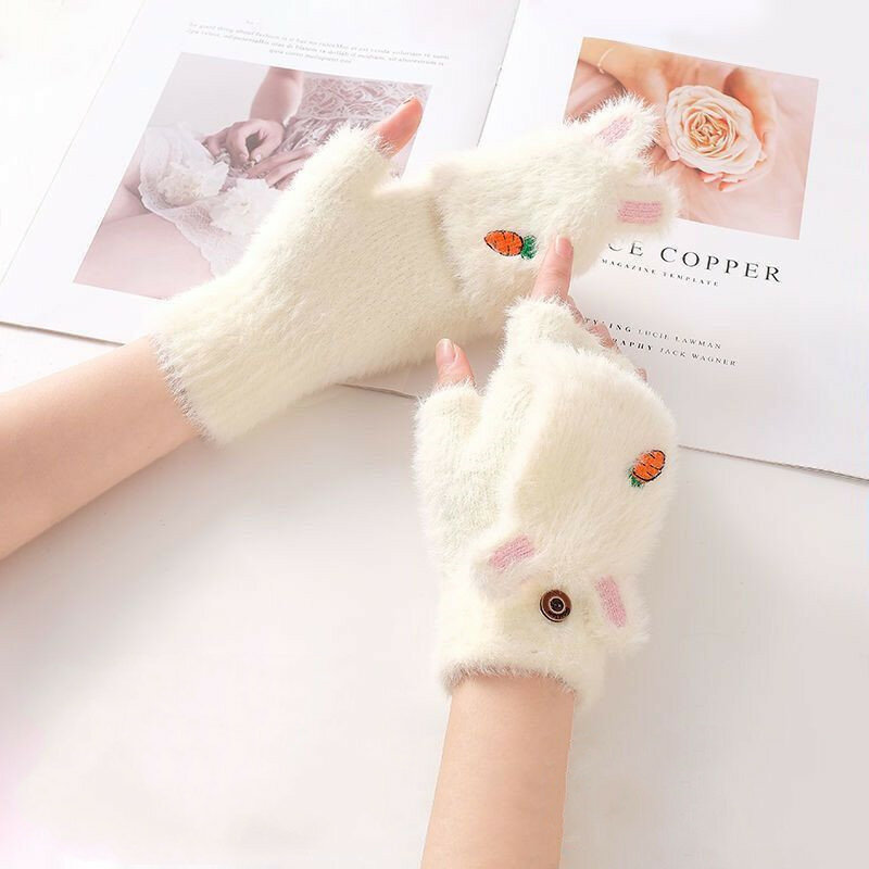 Inverno peluche addensare guanti caldi carino pelliccia di coniglio guanti senza dita guanti invernali guanti di velluto all'aperto donne ragazze guanti