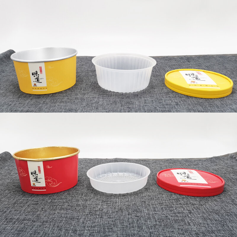 Contenedor de alimentos de papel con logotipo personalizado, bandeja de inserción, cuencos de arroz y sopa con tapa