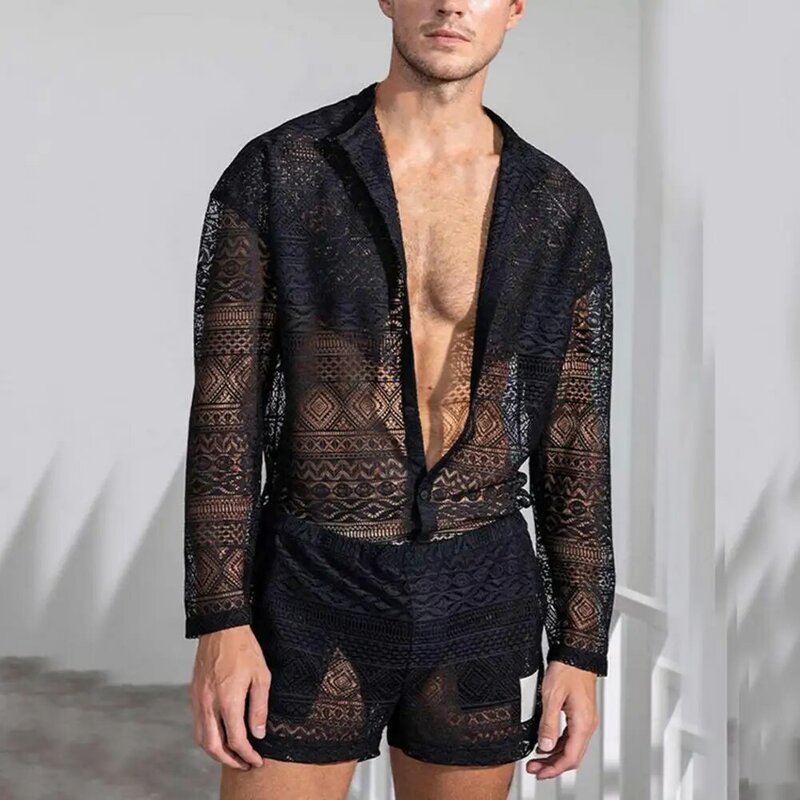 1 Set Popular Men Outfit Sexy Men Top Shorts Hollow Out See Through Crochet Shirt Shorts  Single Breasted