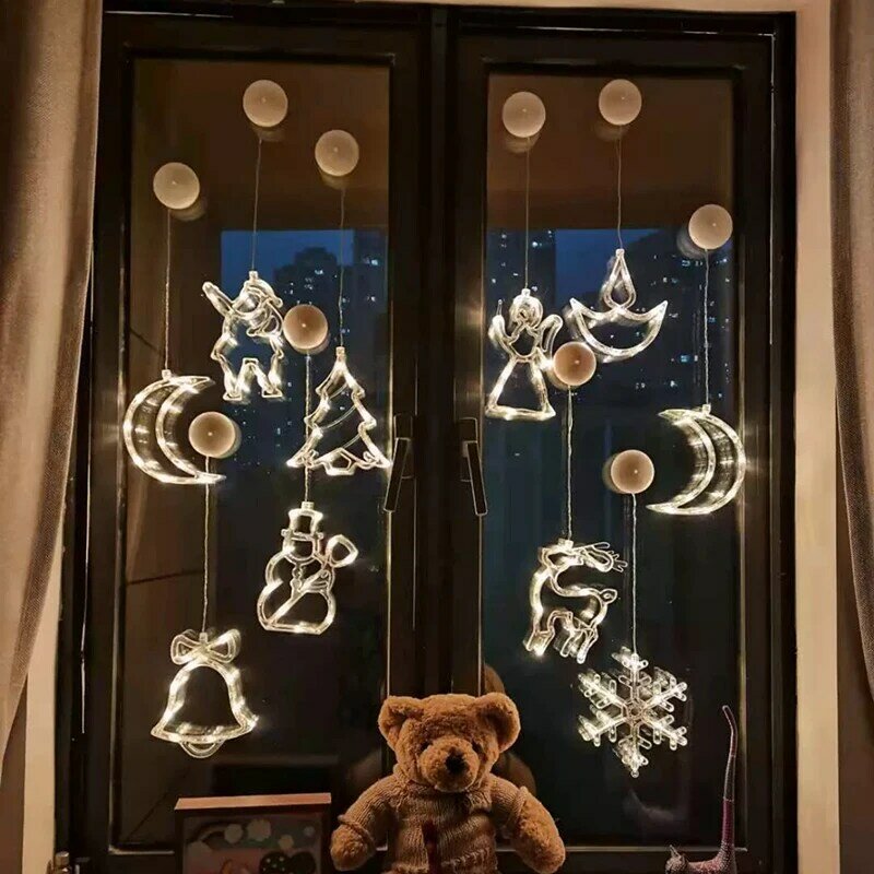 Adornos de luz LED de Navidad, lámpara colgante con ventosa, copos de nieve, Papá Noel, alce, decoración de ventana para el hogar, Año Nuevo, 2024