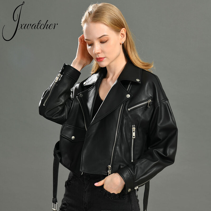 Jxwatcher-Jaqueta de motocicleta de couro real com cinto para mulheres, jaqueta de pele de carneiro estilo cool, curta, clássica, outono