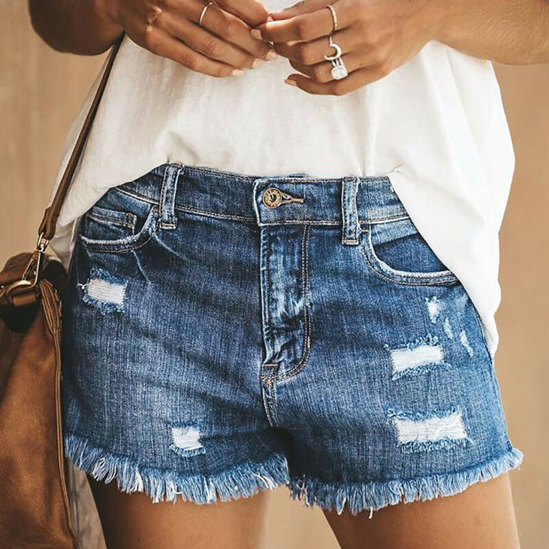 Celana pendek wanita, Jeans musim panas pinggang tinggi ramping Denim pakaian jalanan Vintage dicuci dengan saku