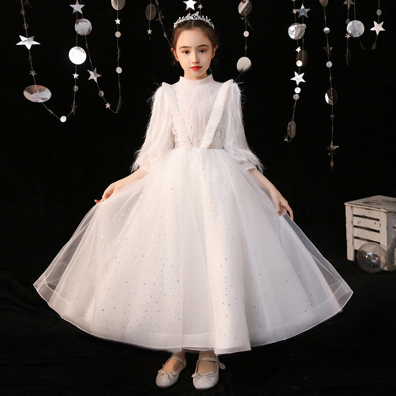 Kinder kleid Hochzeit Mädchen Prinzessin Kleid lang ärmel ige kleine Mädchen Host Blume Kind Klavier Performance-Kleid