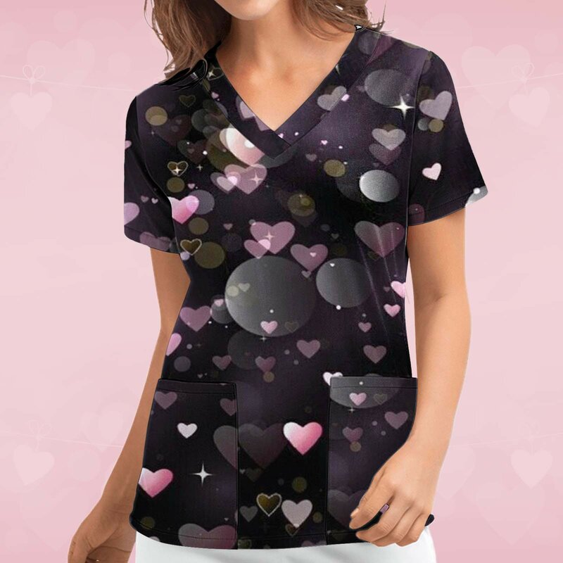Short-sleeved Top For Nurses V-neck Women Valentine's Day Love Print Uniform Casual Women's Blouse Casual Workout Clothes
