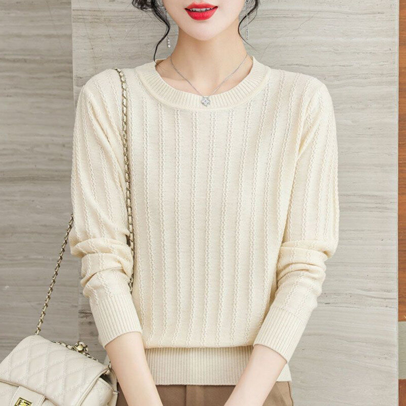 Sweater rajut wanita, Sweater kasual leher bulat lengan panjang kasual Pullover All-Match gaya dasar Vintage Sweater rajut
