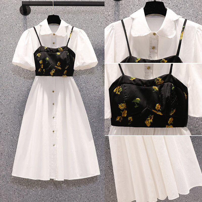 Women Summer Casual Chiffon Two Piece Dress Sets 2024 White Short Sleeve Polo Collar Midi Dress+Black Print Sling Vest Suit Sets