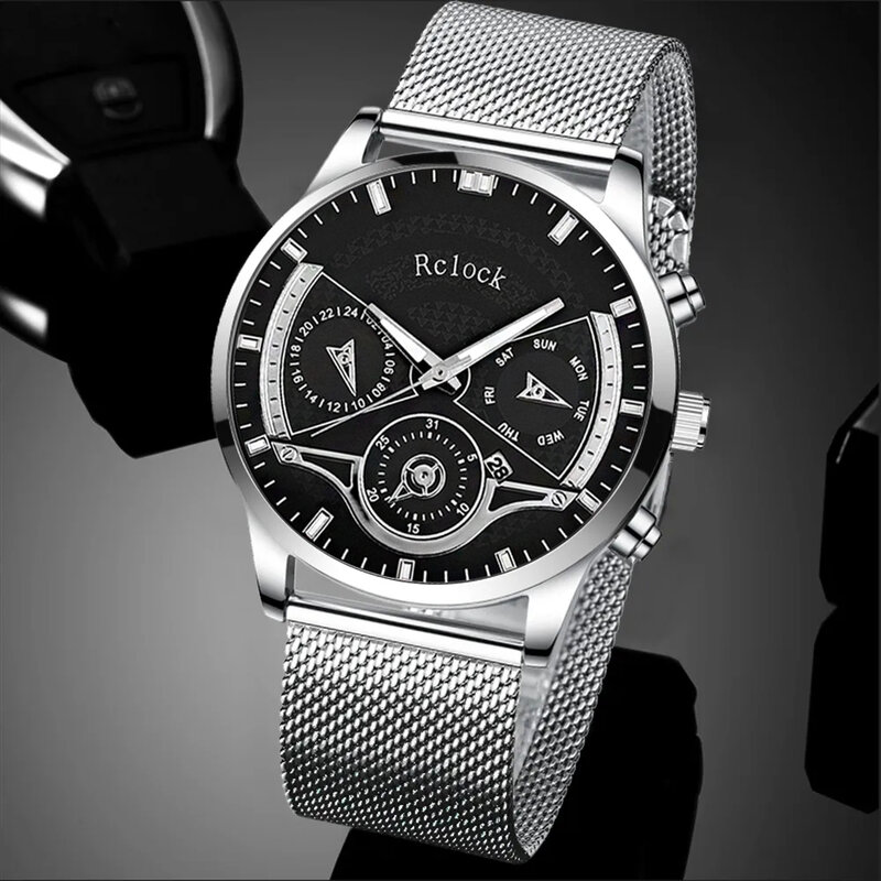 Jam tangan kalender pria, 3 buah Set Fashion gelang perak bisnis kalung sayap sabuk jala Stainless Steel kuarsa