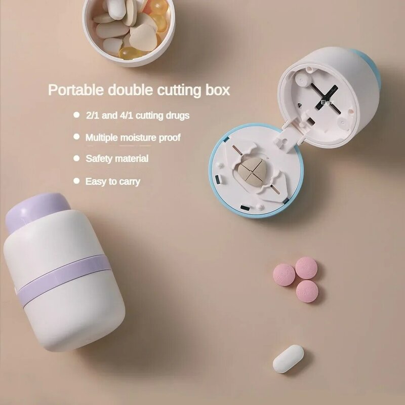 Portable 2-in-1 Pill Box With Pill Cutter For Cutting Small Pills Or Large Pills In Half & Quarter, Travel Pill Organizer Case