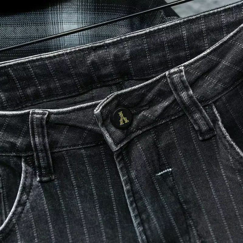 Jeans jeans listrado preto casual masculino, calças compridas, slim fit, calças stretch, estilo coreano, luxo, nova chegada, primavera, outono
