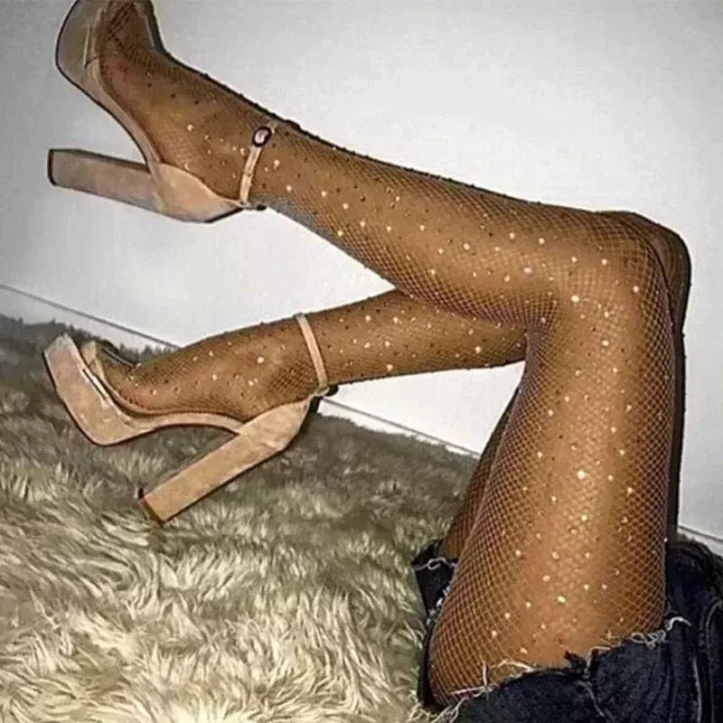 Meia-calça de diamante para mulheres, meias brilhantes, meias de malha, nylon, fino, strass, moda feminina, sexy, verão, 2024