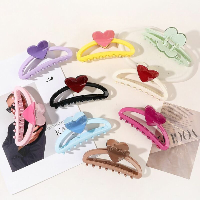 女性と女の子のためのキャンディーカラーのハートヘア爪、プラスチック韓国スタイルのポニーテールホルダー、甘い、半月