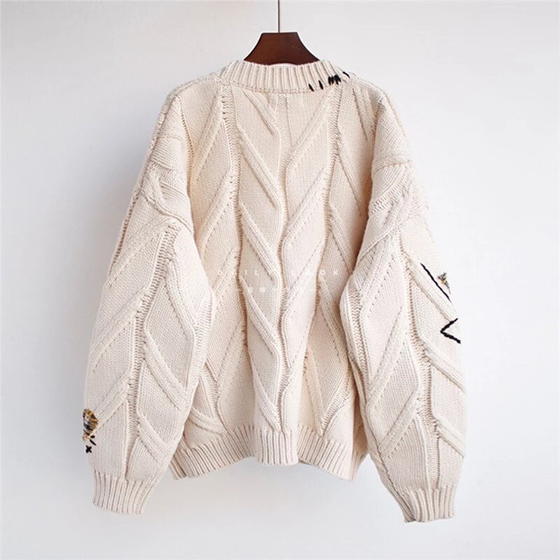 2024 가을 겨울 여성용 따뜻한 니트 스웨터 재킷, 포켓 자수 패션 니트 가디건 코트, 레이디 루즈 스웨터