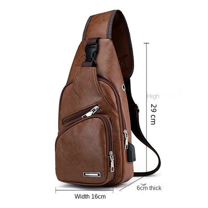 حقيبة كتف عتيقة من الجلد الصناعي للرجال ، حقيبة صدر بنية اللون ، سعة كبيرة ، شحن USB ، منظم سفر ، حقائب كروس بودي ، جديدة