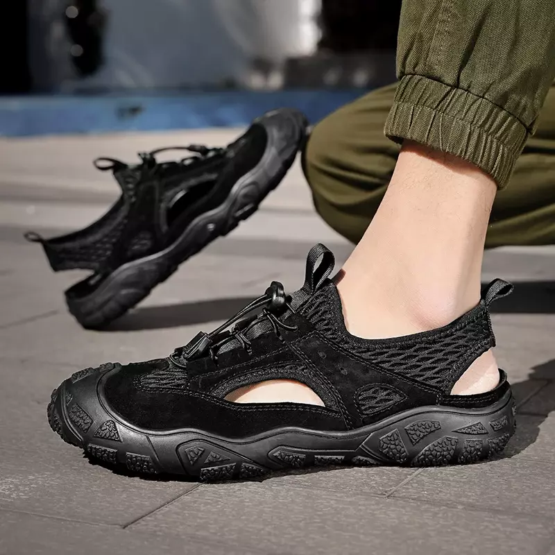 Sandália antiderrapante de caminhada masculina, tênis casual, tênis de malha respirável, tamanho grande, sola grossa, verão 2022