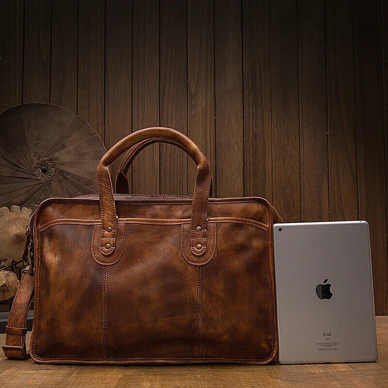 Tas kantor Kulit Asli Vintage buatan tangan tas bisnis tas jinjing bepergian luar ruangan kapasitas besar tas bahu Laptop kulit sapi