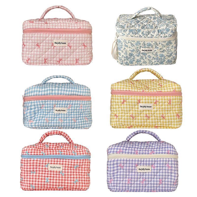 Large Capacity Sweet Bow Checkered Cosmetic Bag For Women Girls Fashion Cute Storage Bags Portable Makeup Cases Purse Handbags