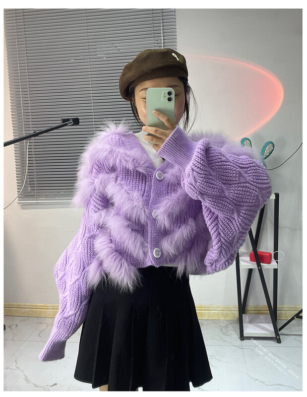 2023 nowych kobiet wiosna fioletowy sweter cienki prawdziwe futro z lisa na zewnątrz dekoracji Oversize luźna moda damska cienki sweter płaszcz