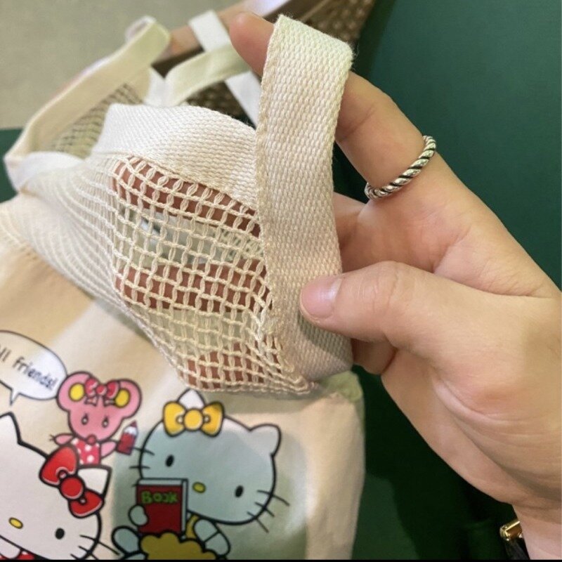 Hello Kitty Canvas Bag Summer Vacation Net Bag Cute Large Capacity Woven Bag Girls Travel Crossbody Backpack