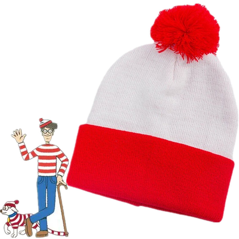 Where's Wally Waldo Cosplay Costume Winter Warm Beanie Hat Christmas Red White Knitted Cap Adult Unisex
