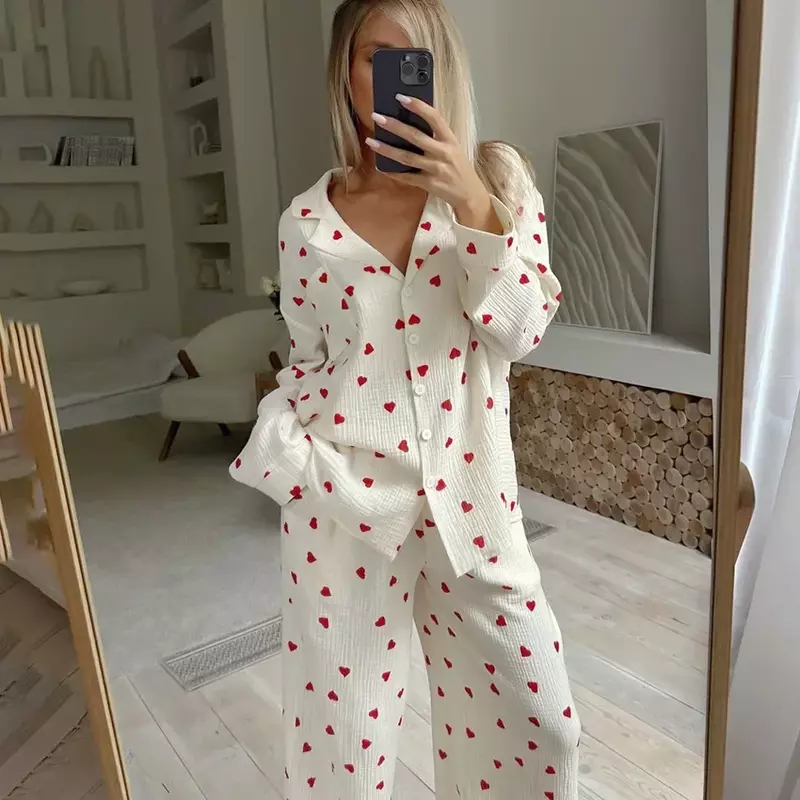 Heart Print Cotton Pajamas for Women Single-Breasted Long Sleeve Pocket Pants Ins Sleepwear 2 Piece Sets Casual Female Outfits