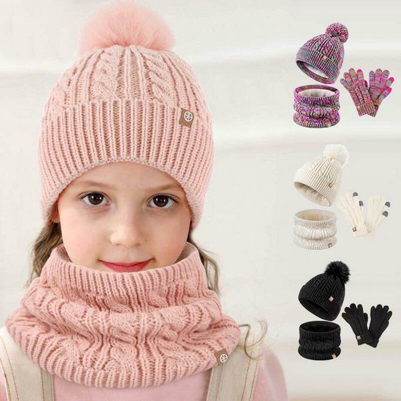 Gorro de malha à prova de vento para crianças, kit completo de luvas de dedo, chapéu ao ar livre, pompom grosso, lenço de inverno, 3-12
