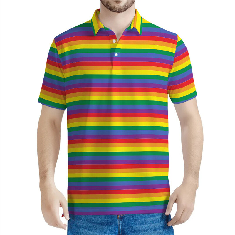 เสื้อโปโลลายทางเรขาคณิตสีรุ้งสำหรับผู้ชายเสื้อโปโลแขนสั้นพิมพ์ลาย3D เสื้อลำลองแบบมีกระดุมสำหรับใส่ในฤดูร้อน