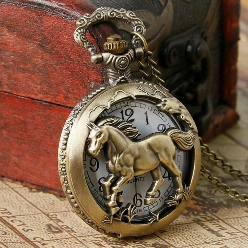 Relógio de bolso do vintage cavalo animal oco elegante dos homens com corrente masculino relogio pai presente relógio retro