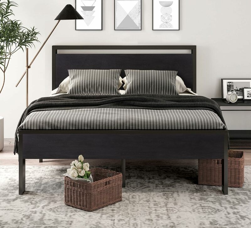 Grand cadre de lit à plateforme en métal, tête de lit et pied de lit en bois, base de matelas, grand rangement sous le lit, non ald, chêne noir, 14 po