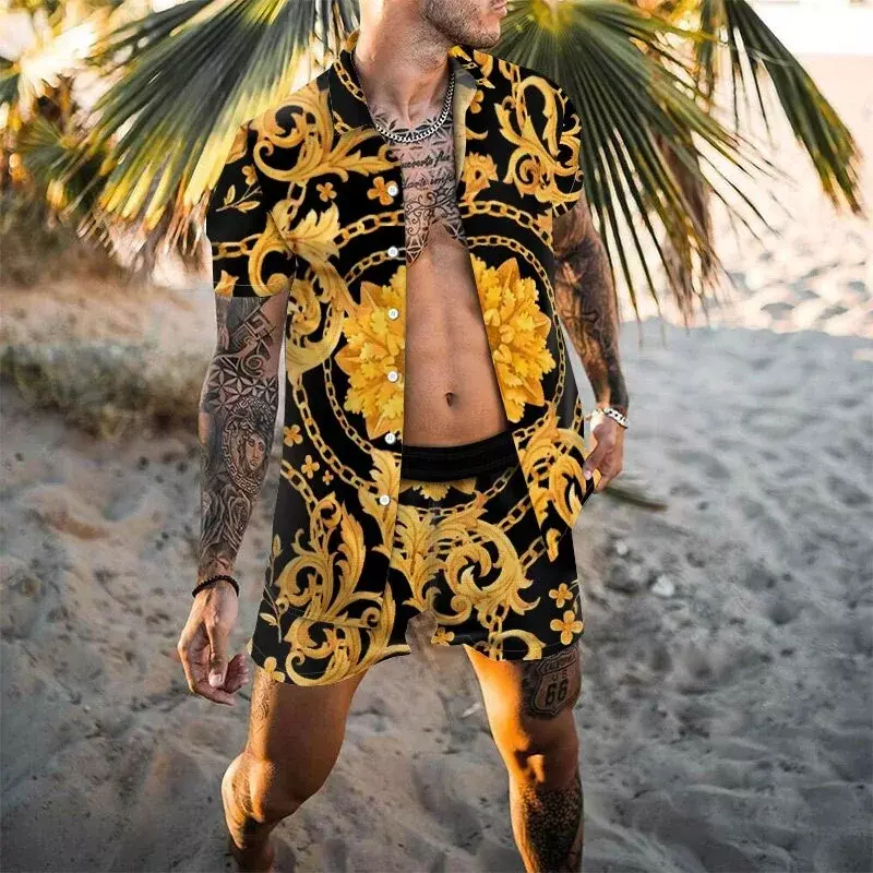 Terno havaiano de 2 peças masculino, camisa de manga curta, shorts de botão, streetwear de praia, impressão 3D, feriado, verão, 2022