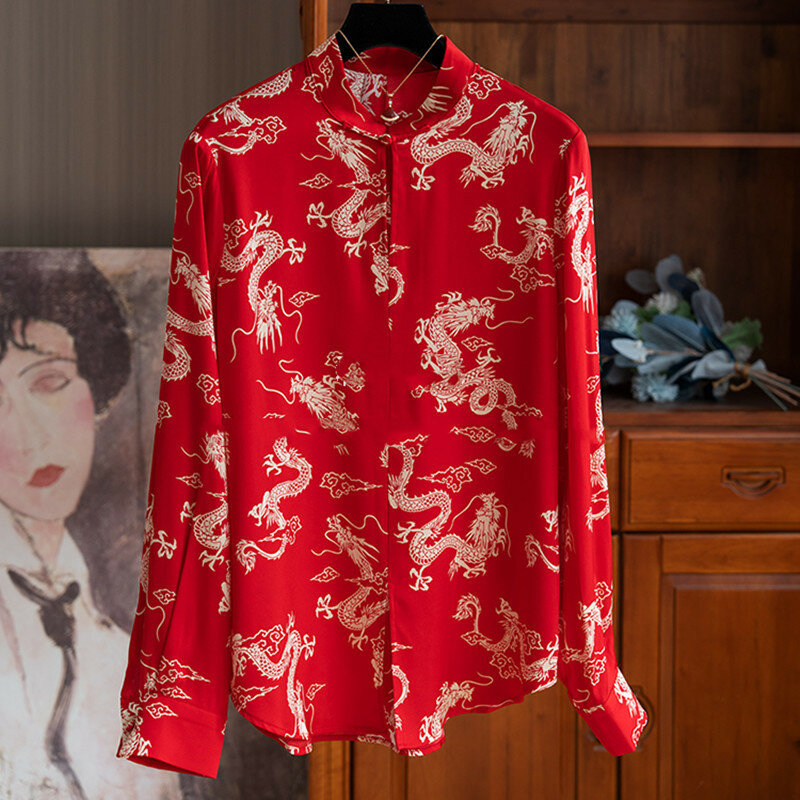 High Quality Hongyun Dragon Pattern Printed Silk Chinese Stand Up Collar Button Mulberry Silk Shirt Blouse Femmes Chemise Y2k