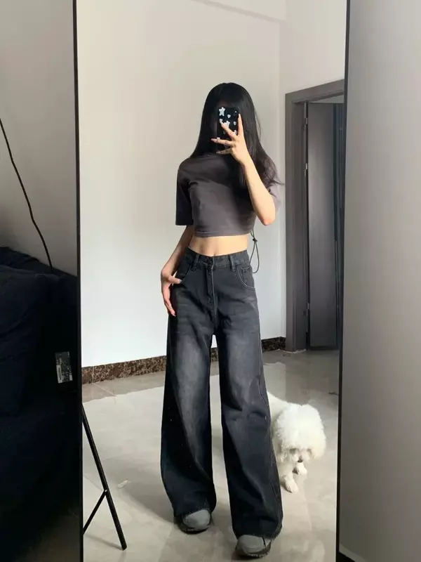 HOUZHOU Vintage czarne dżinsy kobiety z wysokim stanem Grunge Y2k 90s Streetwear workowate, na co dzień koreańskie, proste sprane dżinsy spodnie
