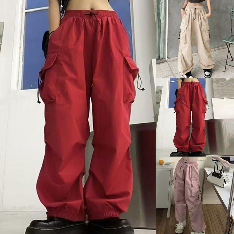 Celana olahraga kaki lebar wanita, celana joging Hip Hop warna Solid mode nyaman