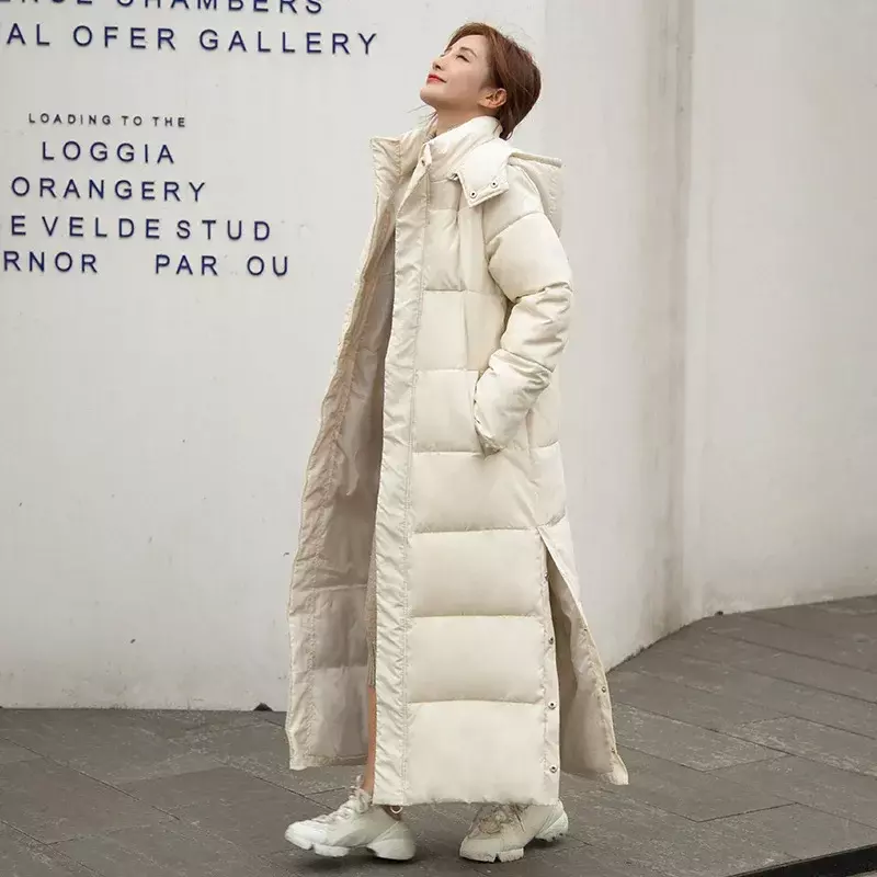 Chaqueta larga de plumón grueso para mujer, abrigo con capucha, ropa de abrigo recta elegante, Parkas femeninas de moda coreana, invierno, 2023