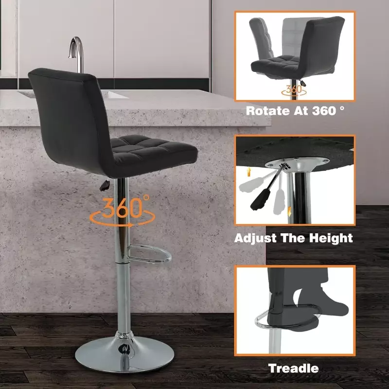 Modern Bar Stool Set of 2 Barstools Adjustable Counter Height Swivel Bar Stool PU Leather Chairs Hydraulic Dining Room