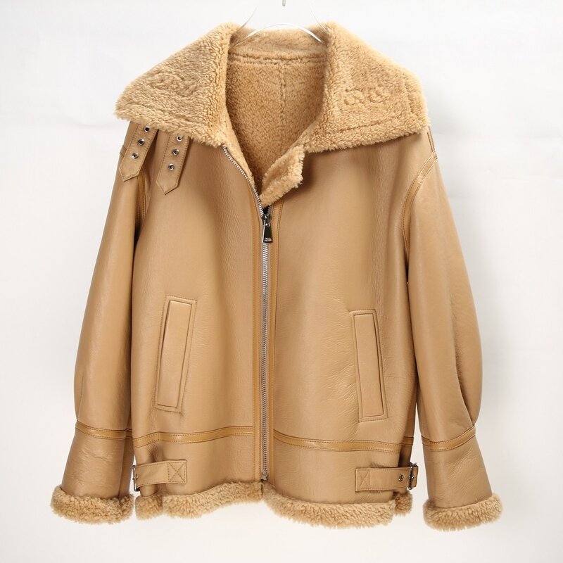 Jaqueta de pele de ovelha Merino genuína para mulheres, casacos de couro de motocicleta, pele de cordeiro verdadeira