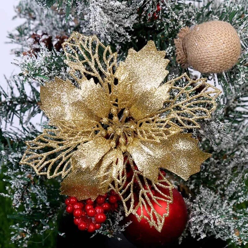 Decorazioni per albero Natale con fiori stella Natale artificiali glitterati per ghirlanda Natale