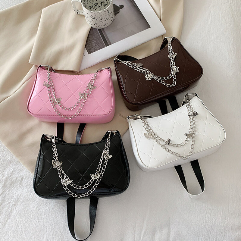 Women's Bag 2022 Trend PU Leather Messenger Bag Vintage Butterfly Chain Pure Color Zipper Handbag Luxury Underarm Bag Woman