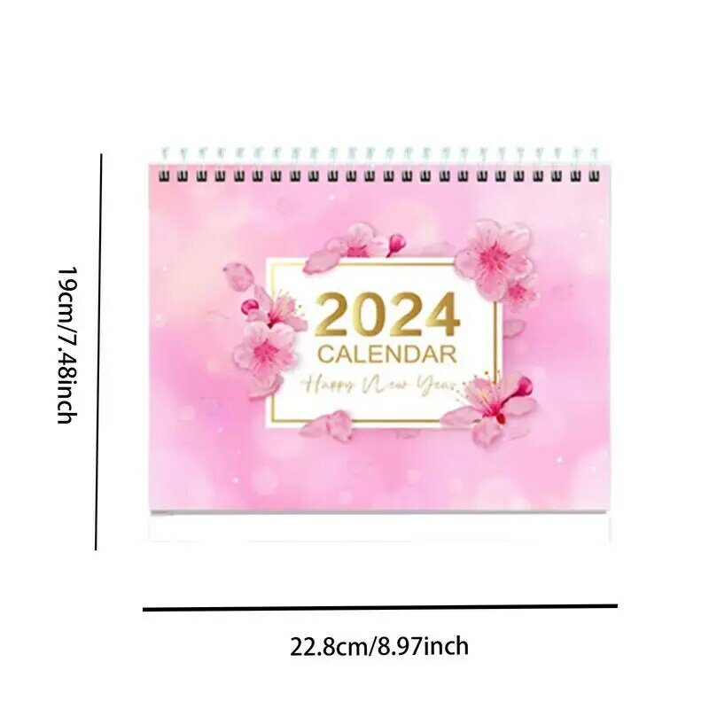 花スパイラルスタンドアップデスクカレンダー、かわいい装飾ポータブルテーブルカレンダー、12か月、2024