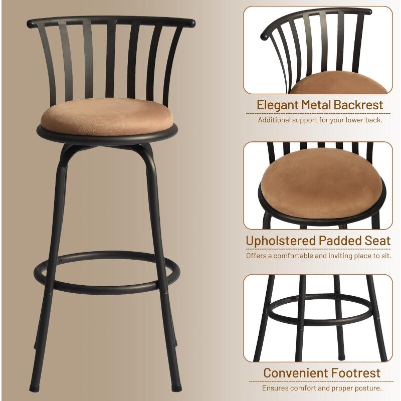 Barstools Set of 2, Country Style Bar Chairs with Back and Footrest Swivel Counter Height Bar Stools for Kitchen Island Pub