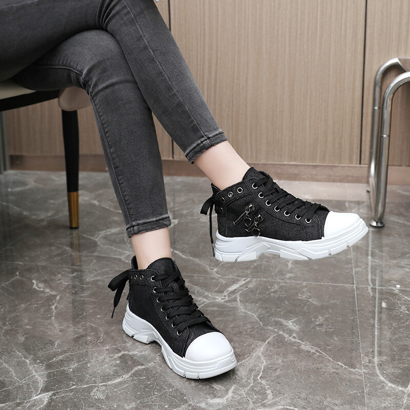 Women's Fashion Designer High Top Denim Thick Sole Canvas Shoes 2024 Spring New Designer Women's Students Flat Casual Sneakers
