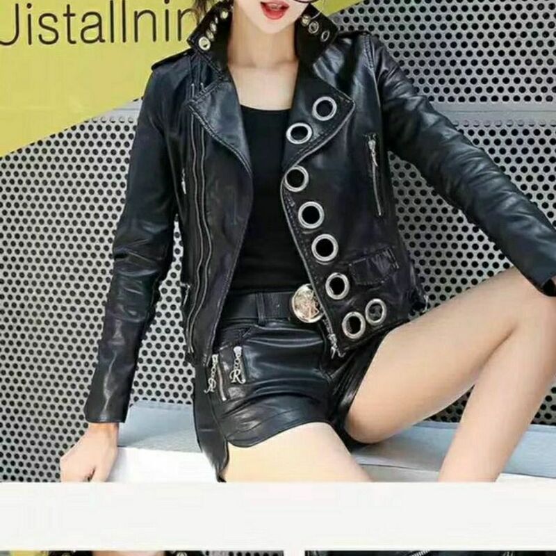 Женская кожаная куртка, новинка 2024, весенне-осенняя одежда, универсальная модная куртка из искусственной кожи с металлическими кольцами, короткая одежда