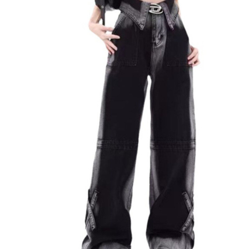 여성용 컬러 블록 스트라이프 와이드 레그 청바지, 섹시한 소녀 청바지, 레트로 작고 인기있는 루즈 청바지, 용수철 여름 디자인 감각, 2024 신상