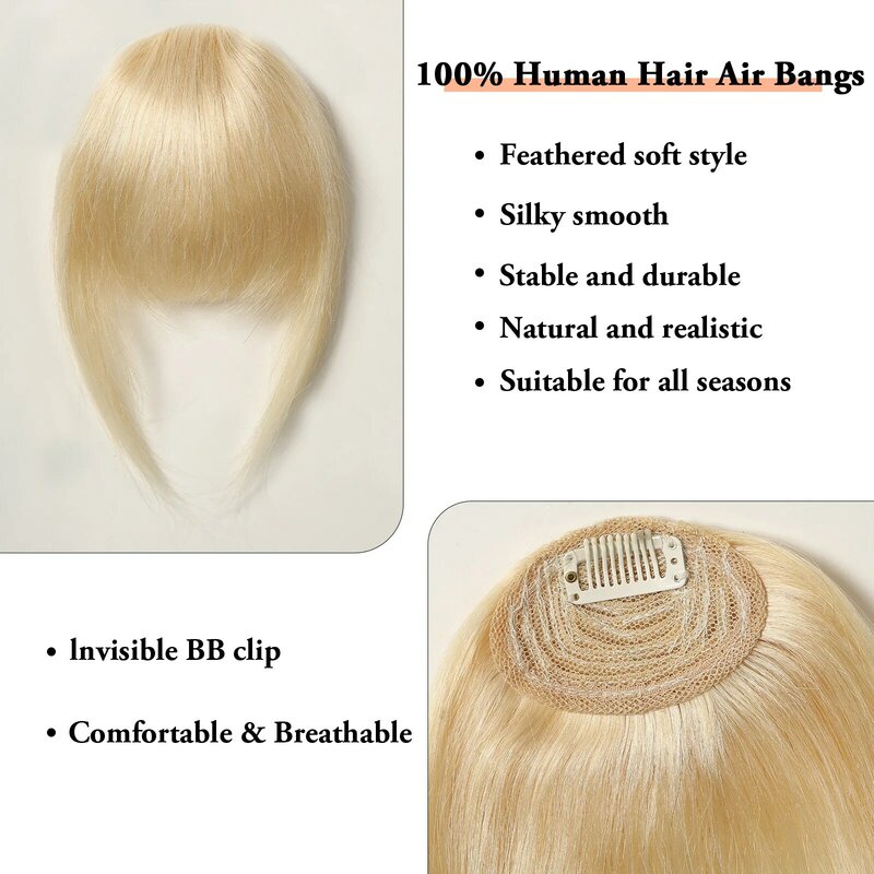 Light Blonde 100% Remy Human Hair Bangs for Women Blonde Human Hair Pieces Clips in French Bangs 1.5in/15g Human Hair Extentions