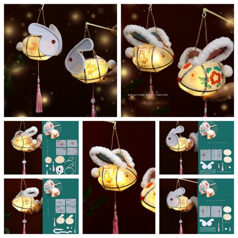 Linterna de conejo de mano luminosa hecha a mano, estilo chino, forma de conejo, Festival de medio Otoño, bricolaje