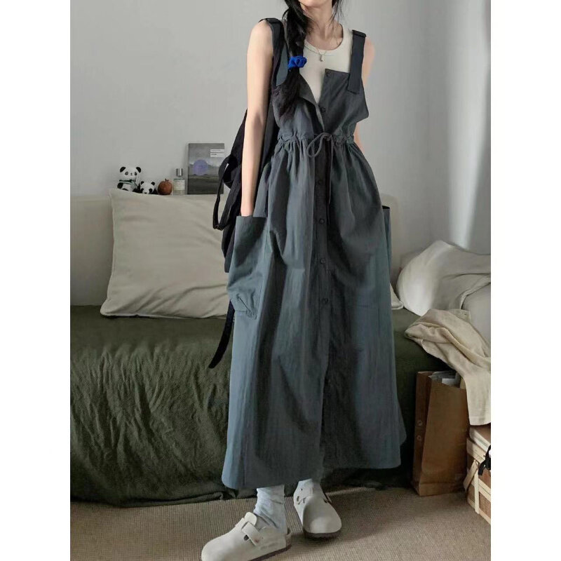 2024 new summer wear casual lady Korean version sleeveless vest waist slimming workwear denim suspender skirt two-piece set